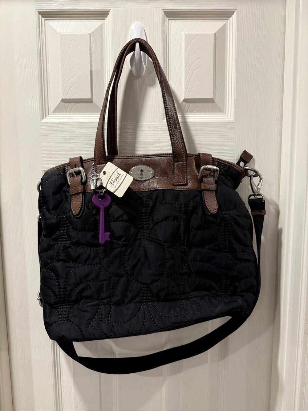 Fossil Black Quilted Shoulder Bag with Brown Trim